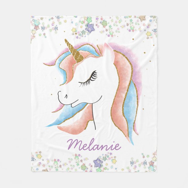 Schlafmittel Unicorn und Pastelstars Personalisier Fleecedecke (Vorderseite)