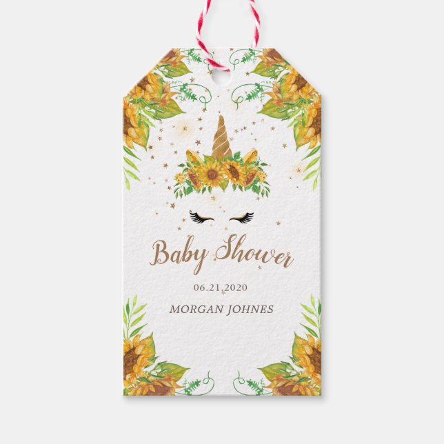 Schläfrig-Einhornsonnenblume Babydusche Monogramm Geschenkanhänger (Vorderseite)