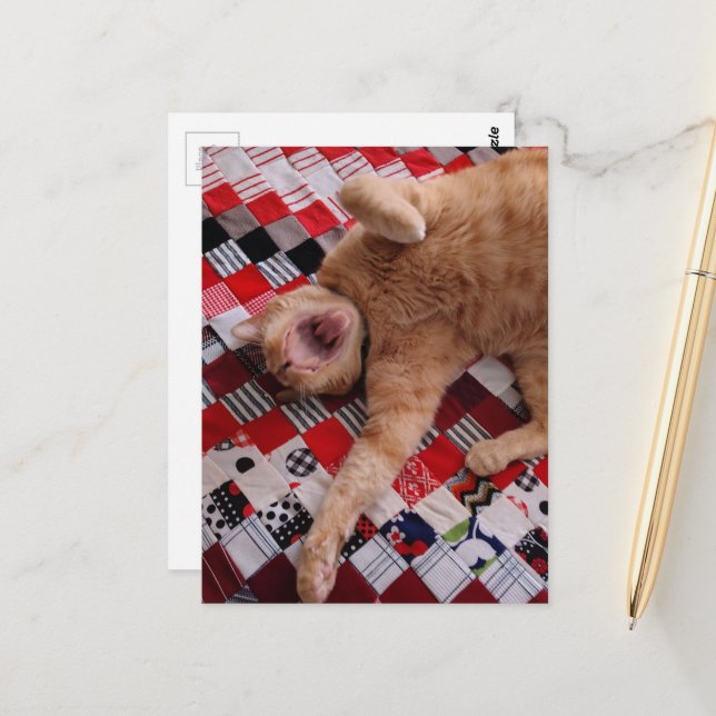 Schläfrige Ingwerkitty mit großem Gähnen Postkarte (Vorderseite/Rückseite Beispiel)