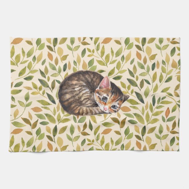 Schläfrige Katze, geblümter Hintergrund Handtuch (Horizontal)