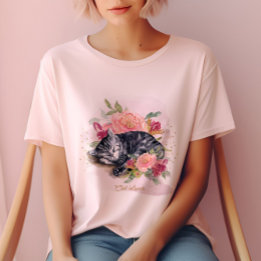 Schläfrige Katze und rosa Blume Mädchen T-Shirt