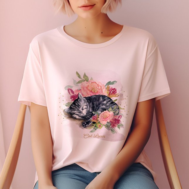 Schläfrige Katze und rosa Blume Mädchen T-Shirt (Von Creator hochgeladen)
