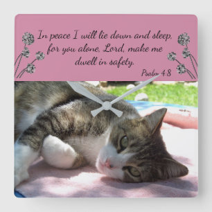 Schläfrige Katzen-Bibel-Vers-Wanduhr Quadratische Wanduhr