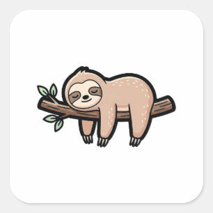 Schläfriger Faultier – Süße Kawaii-Illustration Quadratischer Aufkleber