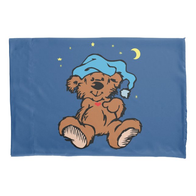 Schläfriger Zeit-Teddybär-blaue Nachtkappe Kissenbezug (Vorderseite-Links)
