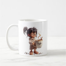 Schläfriges Mädchen mit riesiger Kaffeetasse –Morg
