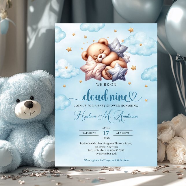 Schlafteddy Bärenwolke 9 Babydusche Einladung (cloud nine - sleeping teddy bear blue and gold boy baby shower invitation)