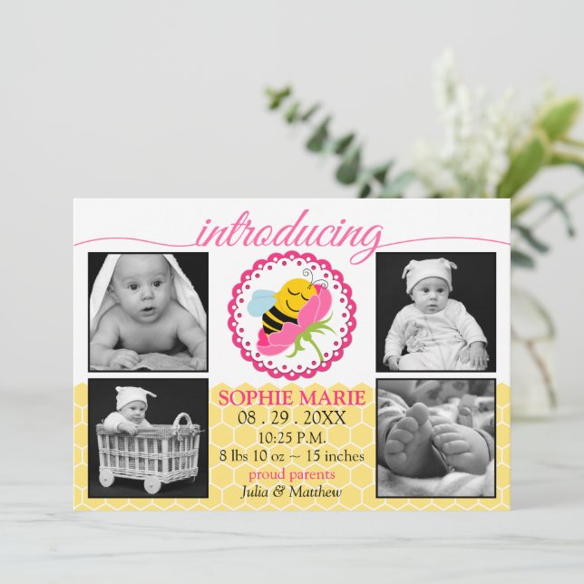 Schlafzimmer Bee Baby Girl Foto Geburtsankündigung Ankündigung (Stehend Vorderseite)