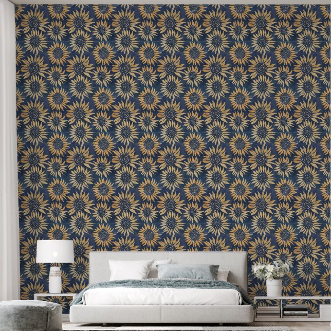Schlafzimmer Sonnenblumen in Gold und Marine Tapete (Schlafzimmer)