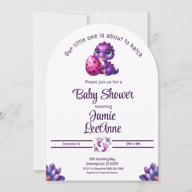 Schlägen bald Baby Dinosaur Lila Baby Dusche Einladung (Vorderseite)