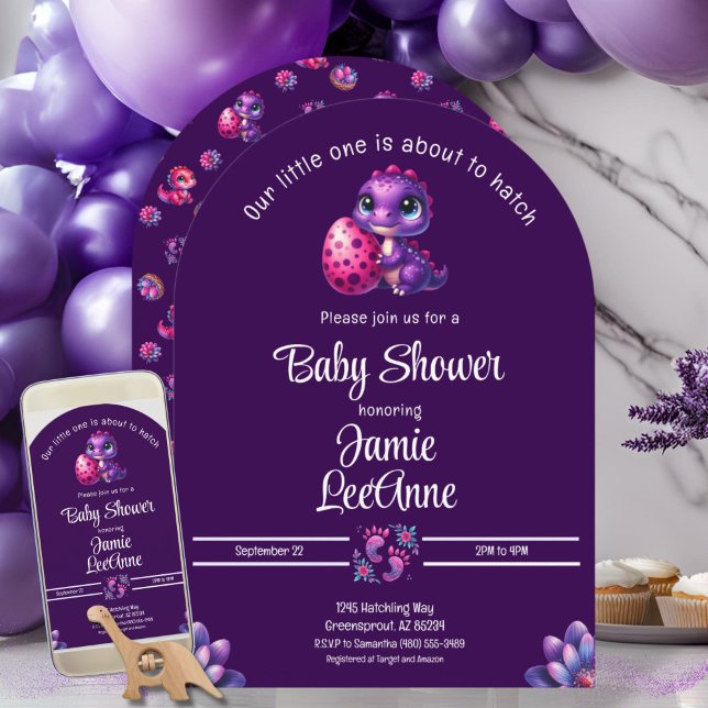 Schlägen bald Baby Dinosaur Lila Baby Dusche Einladung (Modern "Hatching Soon" Purple Dinosaur Arch Baby Shower Invitation - Digital and Print)