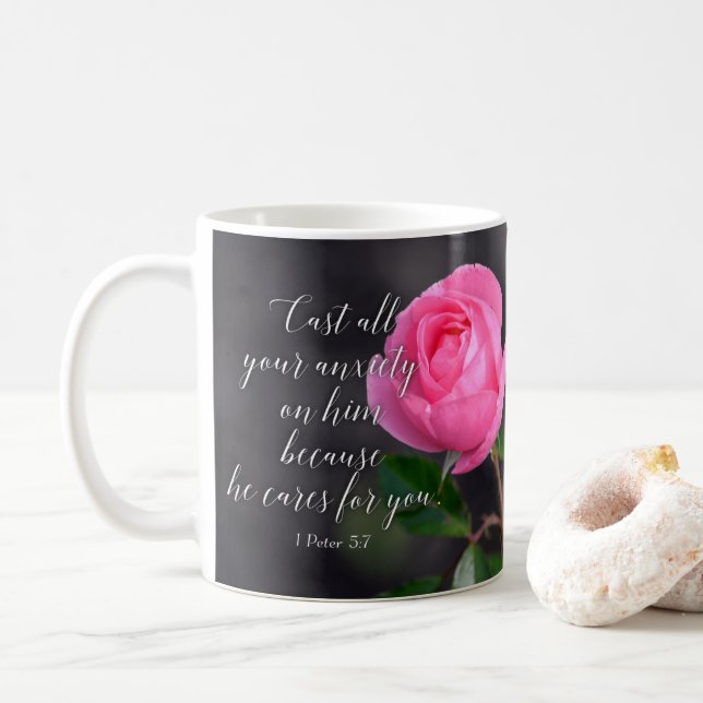 Schlagen Sie all Ihre Angst Christliche Bibel Vers Kaffeetasse (Mit Donut)