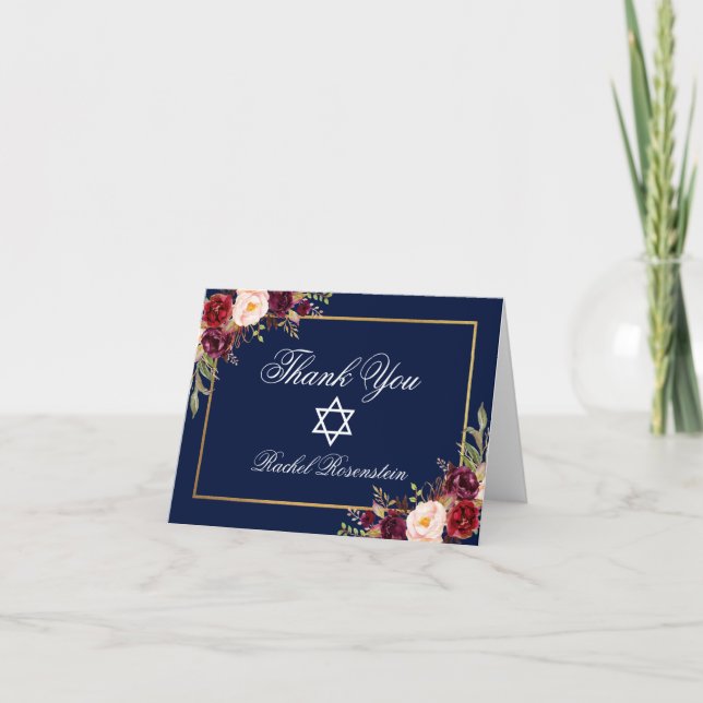 Schläger Mitzvah Blumenburgunder Goldanmerkung Dankeskarte (Vorderseite)