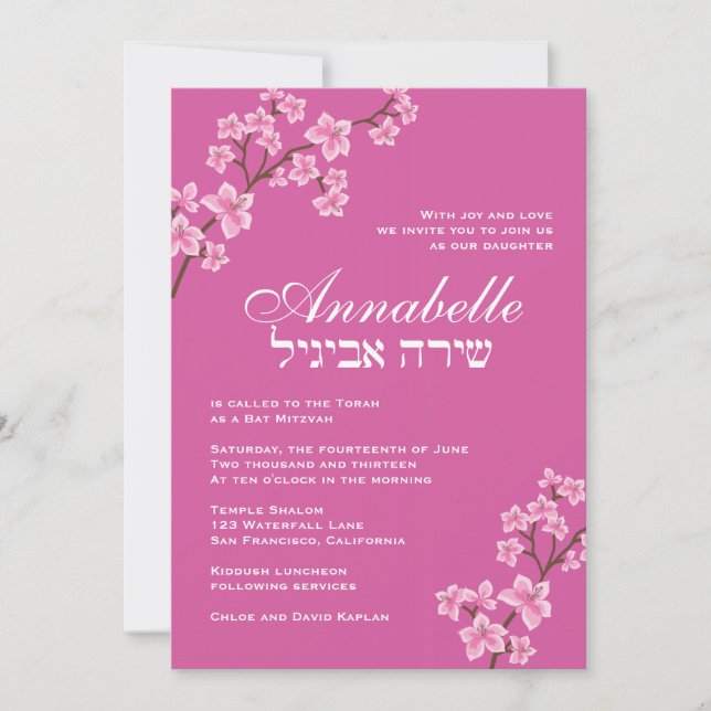 Schläger Mitzvah Einladung Annabelle rosa Blüten (Vorderseite)