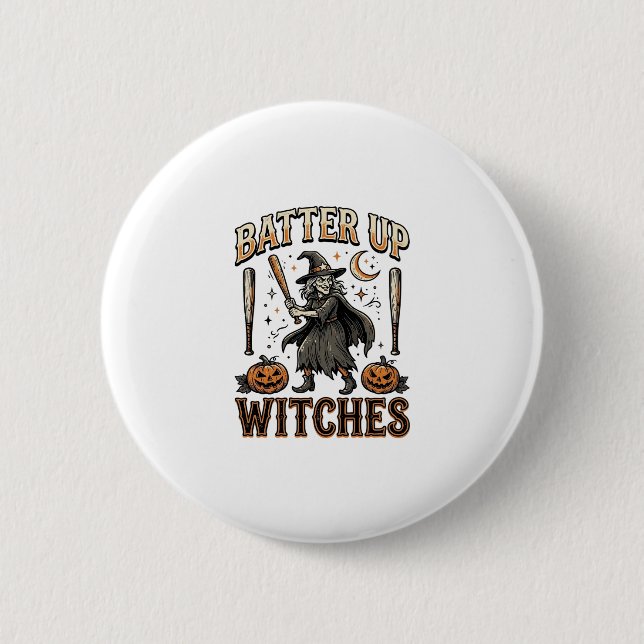Schlagfertige Hexen Vintage-Halloween-Baseball-Des Button (Vorderseite)