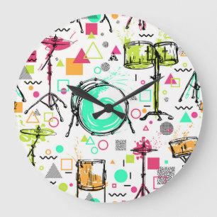 Schlagzeug: Watercolor Memphis Retro. Große Wanduhr