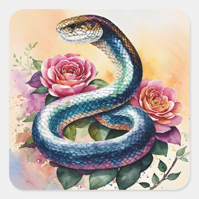 Schlange Flora Wasserfarben Kunst Quadratischer Aufkleber (Vorderseite)
