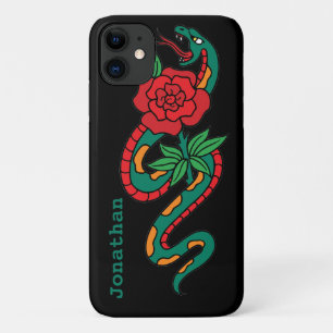 Schlange um eine rote Rose gewickelt, Tattoo-Kunst iPhone 11 Hülle