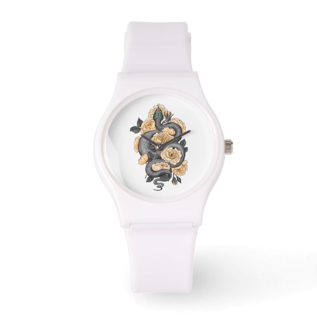 Schlange und Gelbe Rosen Armbanduhr (Vorderseite)