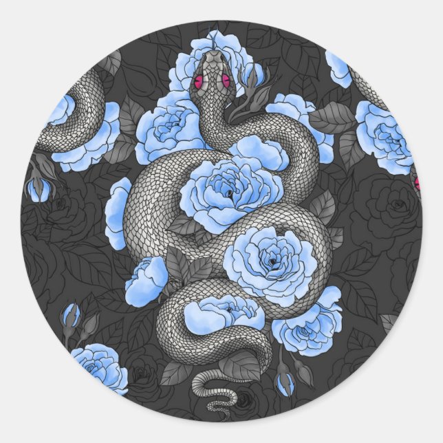 Schlangen und blaue Rose Runder Aufkleber (Vorderseite)
