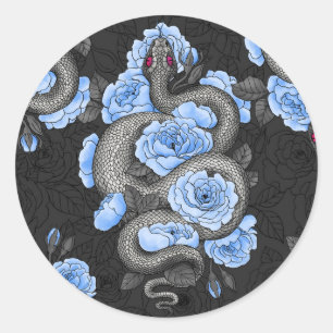 Schlangen und blaue Rose Runder Aufkleber