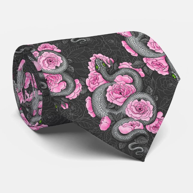 Schlangen und rosa Rosen Krawatte (Gerollt)
