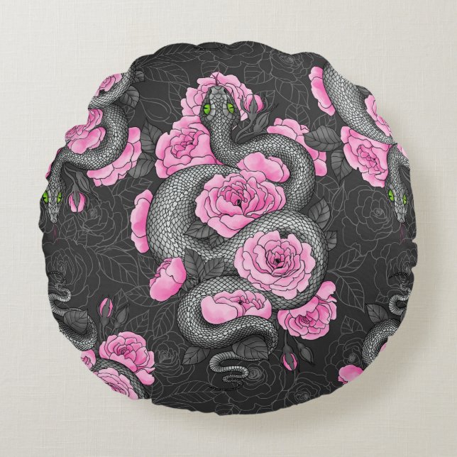 Schlangen und rosa Rosen Rundes Kissen (Vorderseite)