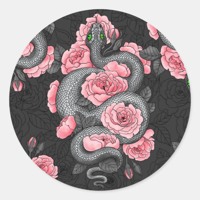 Schlangen und Rose Runder Aufkleber (Vorderseite)