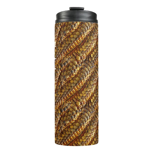Schlangenlederdesign, grün und goldfarben thermosbecher (Vorderseite)