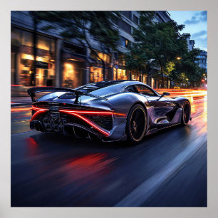 Schlankes schwarzes Sportauto Nacht Stadt Modern G Poster