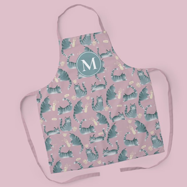 Schlechte graue Tablettenkatzen Knocken über und M Schürze (Bad Grey Tabby Cats & Monogram Design Apron)