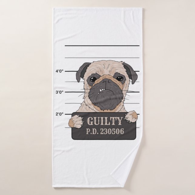 schlechter Mops Welpenhund schuldig Mugshot Gefäng Badehandtuch (Badehandtuch)
