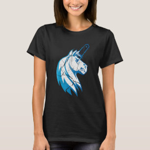 Schlechtes Pferdeschloss mit Chainsaw und blauen F T-Shirt