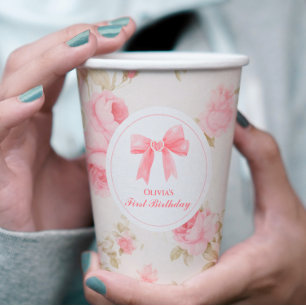 Schleife Rosa und Rosen Kokette 1. Geburtstag Pappbecher
