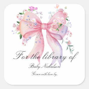 Schleifen-Blumen-Baby-Party - für die Bibliothek v Quadratischer Aufkleber