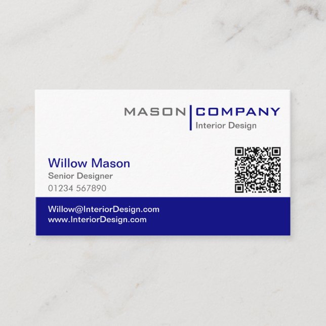 Schlicht Blue & White Stylish QR Code Business Car Visitenkarte (Vorderseite)