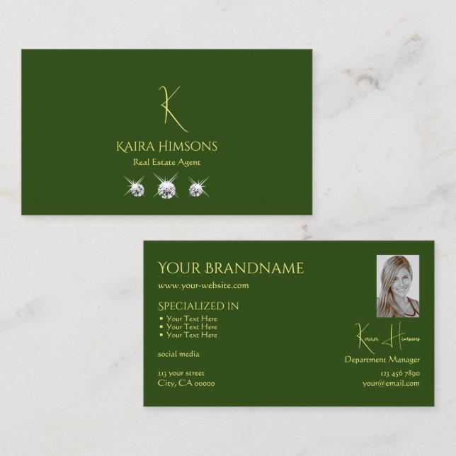 Schlicht Forest Green mit Monogram Foto und Juwele Visitenkarte (Vorne/Hinten)