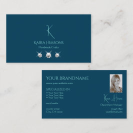Schlicht Ocean Blue mit Monogram Foto und Juwelen Visitenkarte