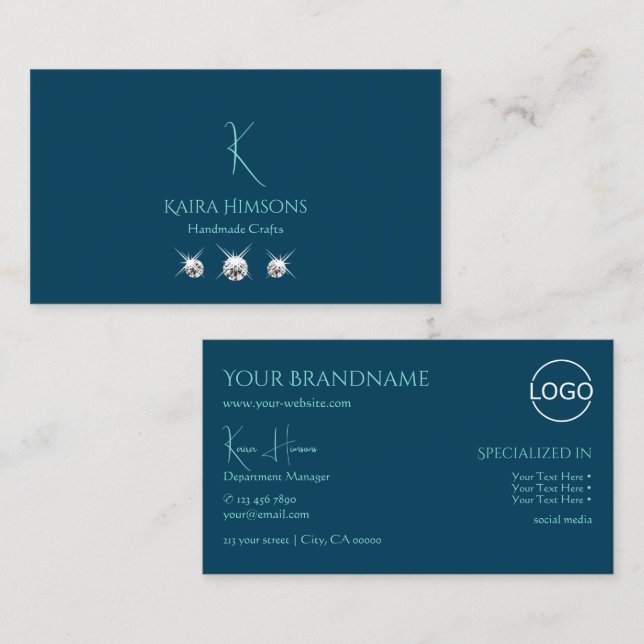 Schlicht Ocean Blue mit Monogram Logo und Juwelen Visitenkarte (Vorne/Hinten)