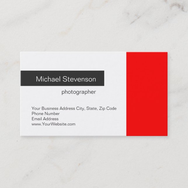 Schlicht Red Gray White Fotografy Business Card Visitenkarte (Vorderseite)