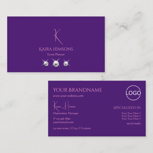 Schlicht Royal Lila mit Monogram Logo und Juwelen Visitenkarte (Vorne/Hinten)