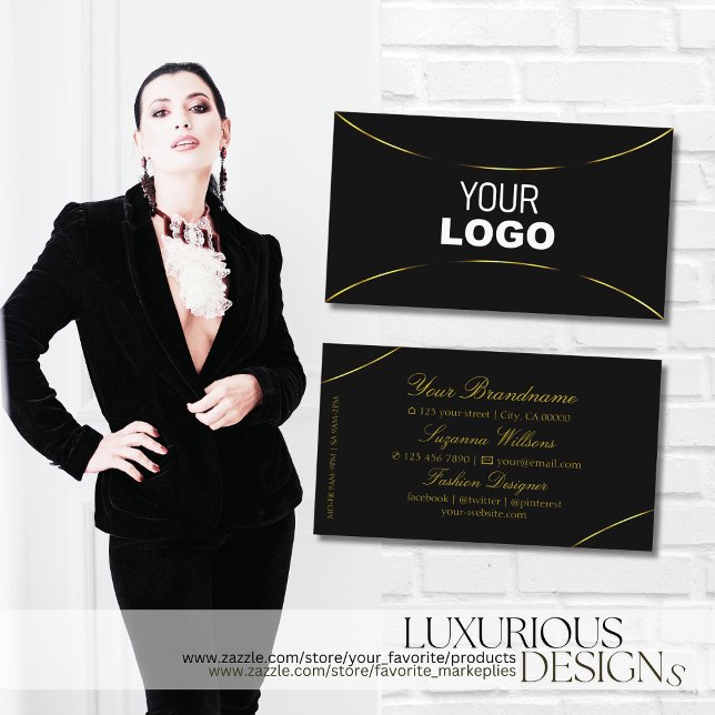 Schlicht Schwarz mit Gold-Dekor und Logo Modern Visitenkarte (Von Creator hochgeladen)