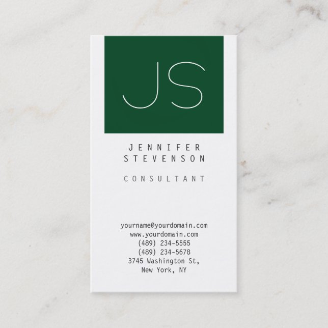 Schlicht-up Forest Green White Monogram Business C Visitenkarte (Vorderseite)