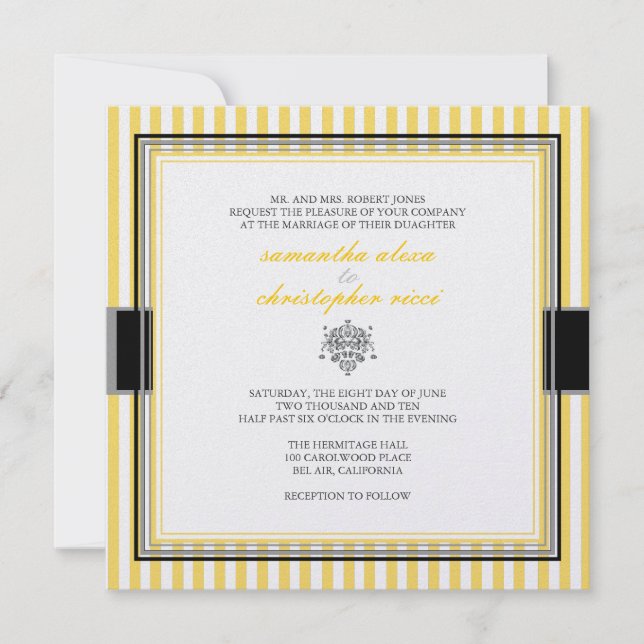 Schlichte gelbe Streifen Hochzeitsempfang Einladung (Vorderseite)