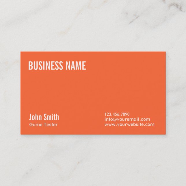 Schlichte Orange Game Testing Business Card Visitenkarte (Vorderseite)