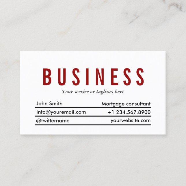 Schlichte Red Title Mortgage Agent Business Card Visitenkarte (Vorderseite)