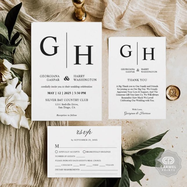 Schlichte und einfache Hochzeit in Weiß und Schwar Einladung (White and Black Plain and Simple Wedding Invitation)