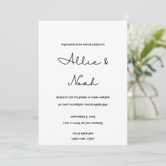 schlichte und elegante weiße Hochzeitskarte Einladung (Stehend Vorderseite)
