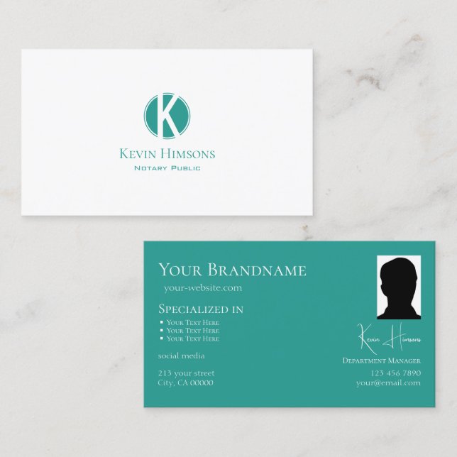 Schlichter Aquamariner Kreis mit Monogramm und Fot Visitenkarte (Vorne/Hinten)