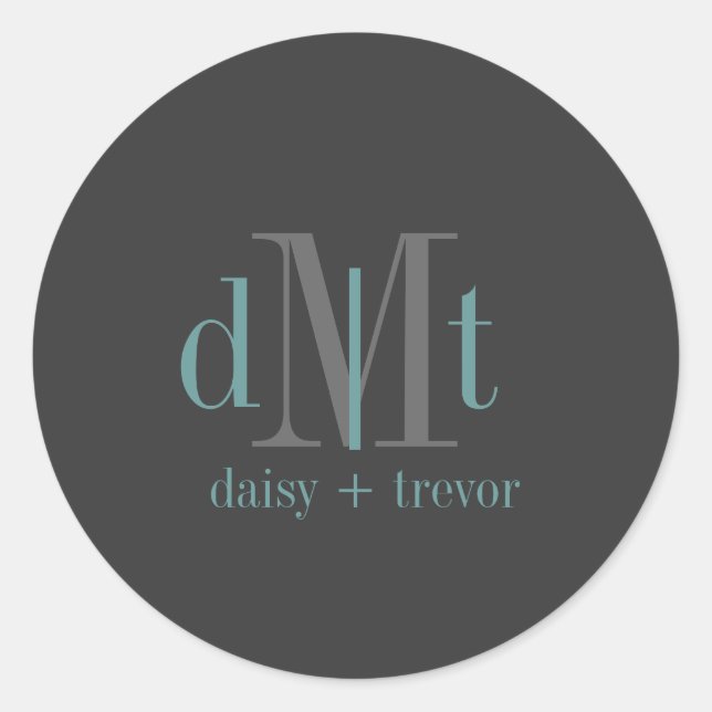 Schlichter Grafit + aquamarine Monogramm-Aufkleber Runder Aufkleber (Vorderseite)
